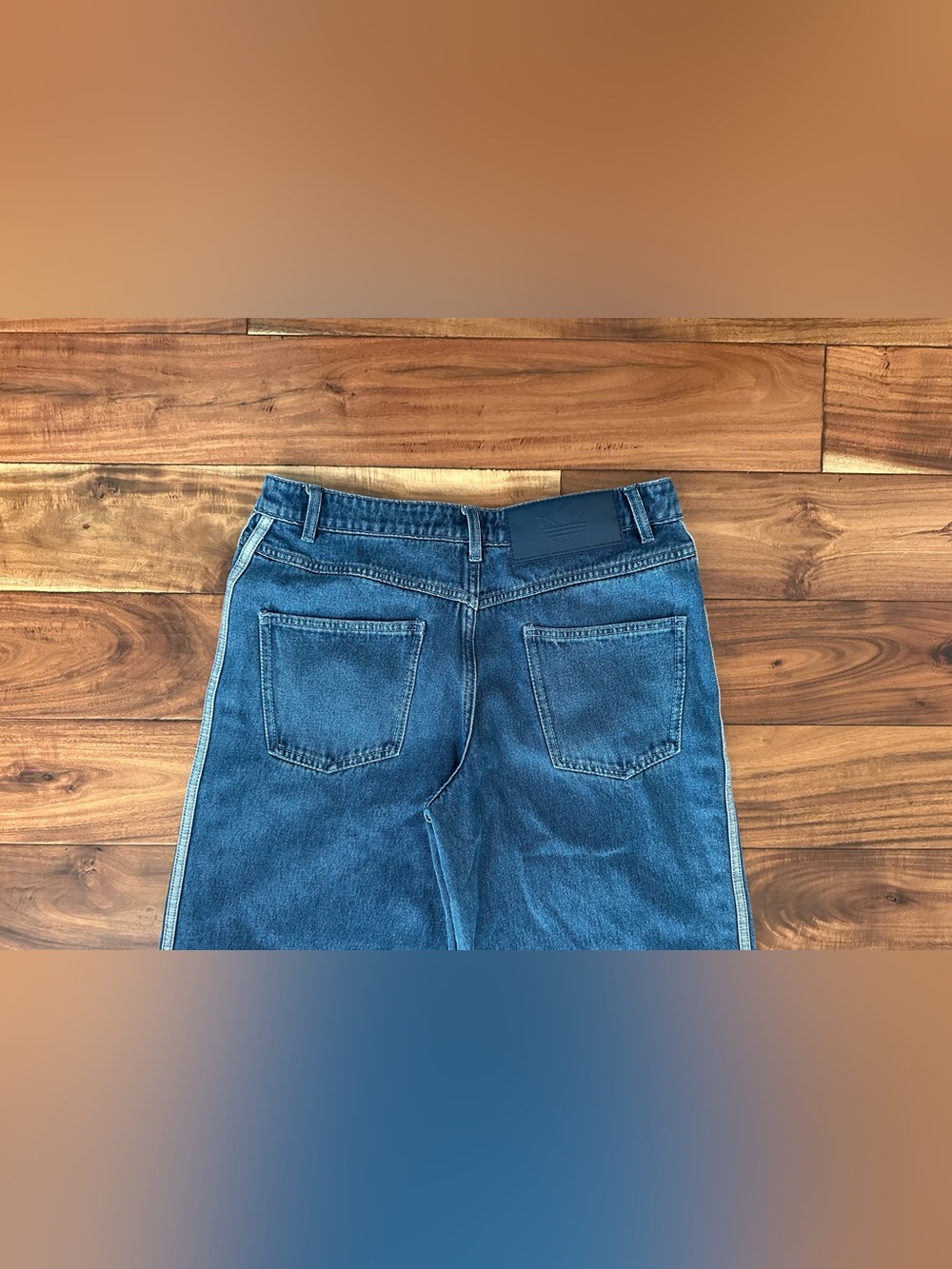 Adidas Originals 3 Stripe Denim Jeans Wide Leg Blue Size M 28” - Picture 6 of 7